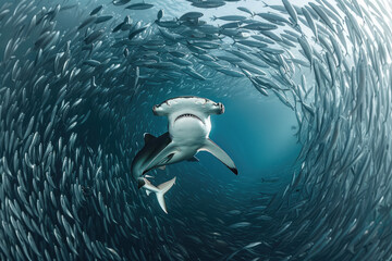 A hammerhead shark swimming through the middle of a swirling school of sardines
