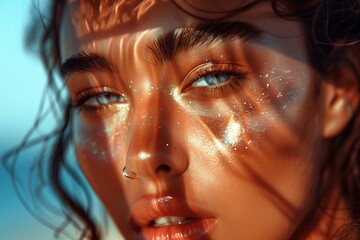 beautiful sun kissed woman with glowing dewy skin beauty shot, shadows, summer vibes - obrazy, fototapety, plakaty