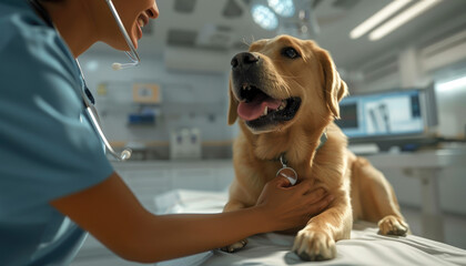  a happy labrador dog being examined at a pet hospital, in the hands and held by his owner - obrazy, fototapety, plakaty