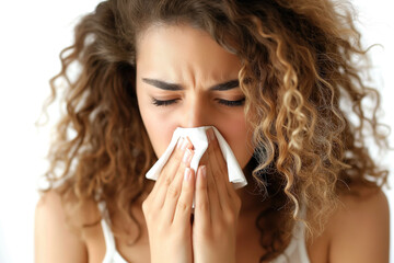 Young woman with flu symptoms blowing her nose into a tissue.