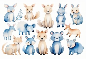 Obraz premium Watercolor drawing cartoon animals, children's illustration, print, template, on white background.