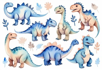 Watercolor drawing set of dinosaurs, children's illustration, print, template, on white background.