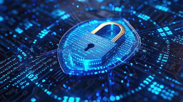 visual metaphor of cybersecurity, featuring a shielded lock surrounded by binary code, emphasizing the essential role of encryption in protecting data