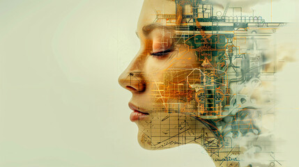 Futuristic Woman with Digital Interface, Concept of Technology, Cyber Network, and AI