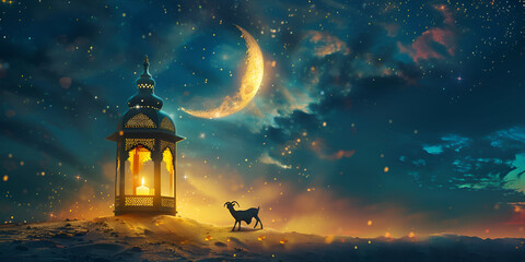 illustrations night got and moon for eid ul adha with bokeh background 
