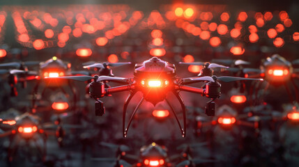 hundreds of drones with red lights flying in the air