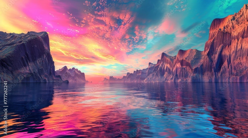 Aufkleber 3d render of a seascape with calm water and cliffs. mysterious scenery with fiords under a colorful 