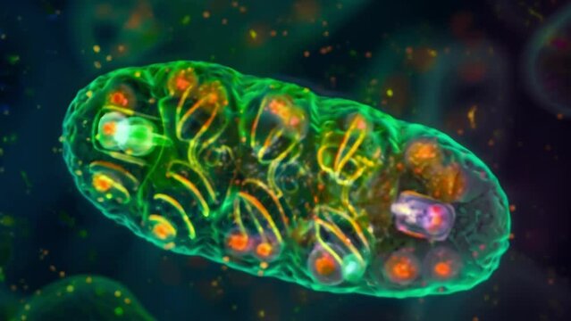 A fluorescence microscopy image of a mitochondrion showing the distribution of mitochondria within a cell. The bright spots represent . AI generation.