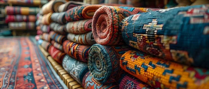 Exploring the Vibrancy of Handmade Oriental Carpets at a Traditional Middle Eastern Market. Concept Middle East, Carpets, Traditional Market, Vibrant Colors, Handmade Goods