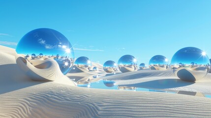 This stunning 3D rendering shows a surreal desert landscape with sand dunes, water, and chrome metallic balls against a sky of clear blue. - obrazy, fototapety, plakaty