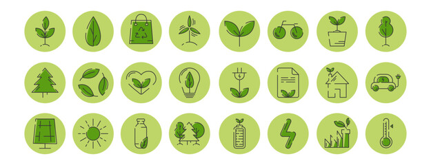Ecology green icon set with eco technology, sustainability, recycle, renewable energy, environmental protection, eco friendly transport, climate change symbols. Editable stroke. Vector illustration