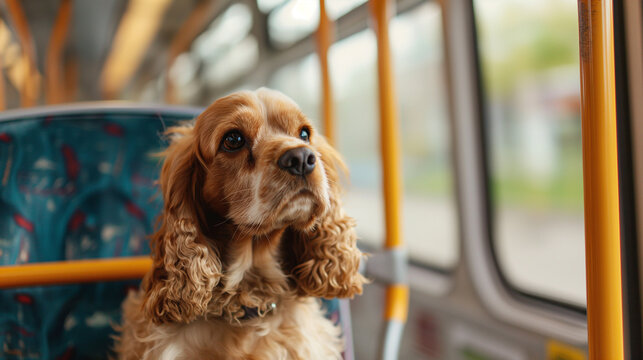 English Cocker Spaniel riding a tram alone.
