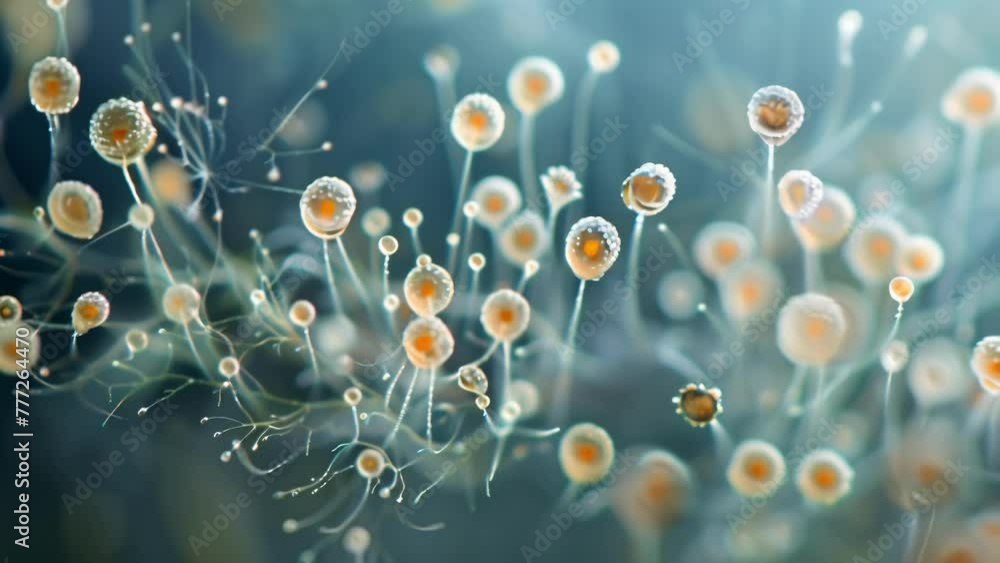 Poster a microscopic view of a spore structure releasing its contents a cloud of miniscule spores drifting 