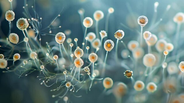A microscopic view of a spore structure releasing its contents a cloud of miniscule spores drifting into the surrounding air. . AI generation.