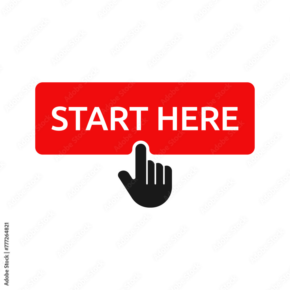 Poster start here text button template isolated on white background