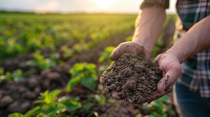 Close shot of a farmer showing soil in his hand with clod of earth with a blurry vegetable field with space for text or product, Generative AI. - obrazy, fototapety, plakaty