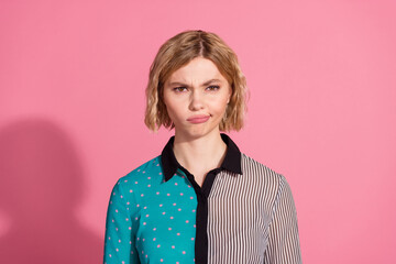 Photo portrait of pretty young girl moody skeptical face wear trendy striped cyan outfit isolated...