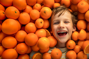 Portrait of a little boy smiling while having fun covered in whole and cut oranges all around