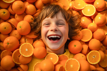 Fototapeta na wymiar Portrait of a little boy smiling while having fun covered in whole and cut oranges all around