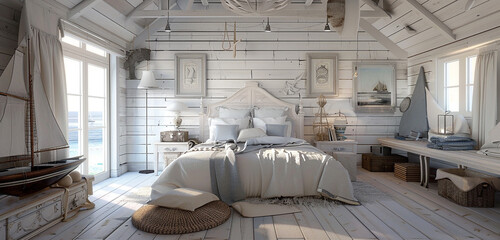 A Fanoos adding warmth to a charming coastal cottage bedroom with nautical decor.