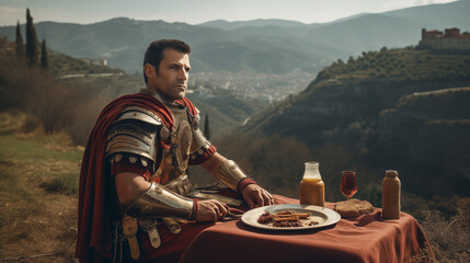 A Roman legionary having lunch against the backdrop of Italian nature