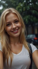 Beautiful Attractive Blonde Smiling Woman Closeup Portrait, Alluring in Rain, Fashion Model, Selfie, Tight Silver Top, Beautiful Body