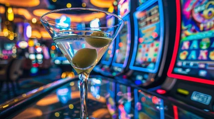 Deurstickers Shot taken from a cinematic vantage point depicting a martini glass with an olive over a casino table with fuzzy slot machines in the setting and space, Generative AI. © Electro Unicorn
