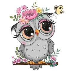 Cute Cartoon Owl with flowers