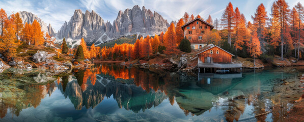 panoramic view of autumn in the dolomites with lake and cabin in front - obrazy, fototapety, plakaty
