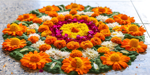 A flower arrangement with a circle