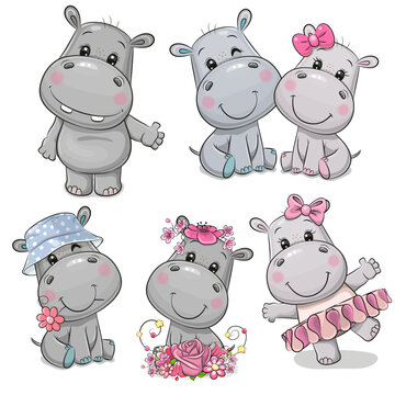 Set of Cute Cartoon Hippos