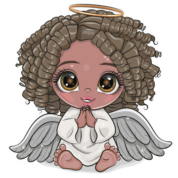 Cartoon Christmas angel is sitting on a white background