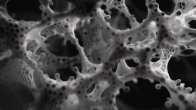A monochromatic image of filamentous algae cells connected by delicate bridges and forming a striking almost mathematical pattern . AI generation.