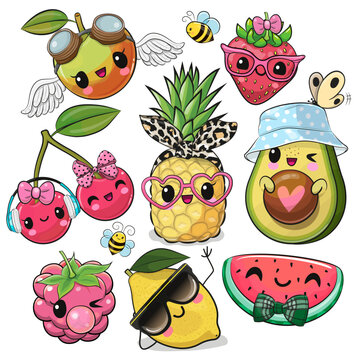 Set of Cute Cartoon Fruits on a white background
