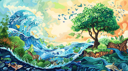 A painting of a river with a waterfall and a bird flying over it  landscape wallpaper natural resources