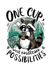 A fun and whimsical T-shirt design featuring a cartoon Raccoon drinking coffee. Perfect for t-shirts, apparel and other merchandise vector illustration