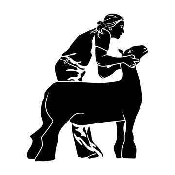 a woman with lamb at a livestock show in black vector
