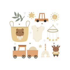 Cartoon baby set.  Colorful vector illustration, flat style. design for greeting cards, print, poster, baby shower 