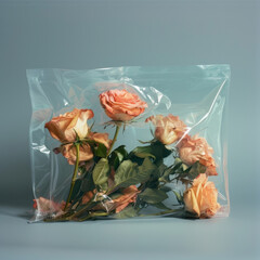 Peach roses aesthetically arranged within a clear plastic bag on a simple backdrop.