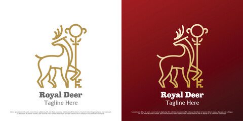 Royal deer key logo design illustration. Linear silhouette deer stag doe ruminant buck elk gazelle animal fauna wildlife kingdom key. Simple minimal gradient major crest palace icon symbol elegant.