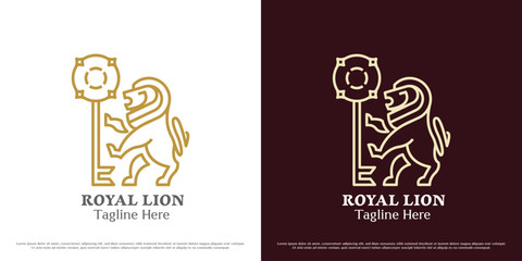 Royal lion key logo design illustration. Silhouette of a royal lion holding a key animal mascot roar claw paw fauna wildlife imperial honor emperor. Simple minimal minimalist majesty majestic luxury. - obrazy, fototapety, plakaty