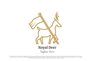 Deer flag logo design illustration. Line art linear deer reindeer stag buck antelope fawn elk moose ruminant mascot horn animal body. Simple minimal geometric heraldry crest royal kingdom icon symbol.