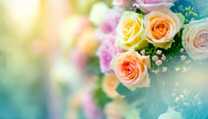 Obraz na płótnie Canvas Flowers Wall Background With Amazing Multicolor Roses, Wedding Decoration, Retro Filter Tone.