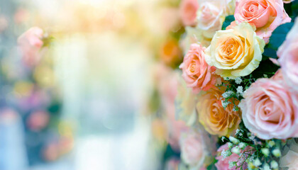 Flowers Wall Background With Amazing Multicolor Roses, Wedding Decoration, Retro Filter Tone.