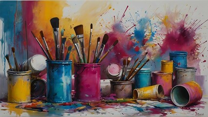 Upon a weathered table lie scattered brushes and pots of vibrant paint, the bristles delightfully speckled with a rainbow of colors.