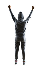 Person in a hoodie with arms raised in victory on a white background, concept of achievement or celebration