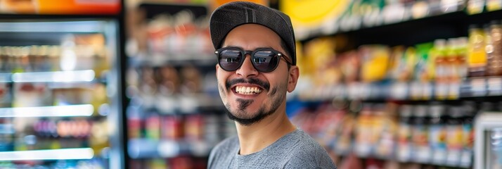 A youthful male wearing sunglasses and beaming at the camera is depicted in this supermarket snapshotted and space, Generative AI. - obrazy, fototapety, plakaty