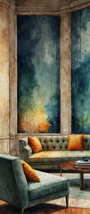 for advertisement and banner as Lounge Luxe The luxury of a well appointed office lounge depicted in watercolor. in watercolor office room theme ,Full depth of field, high quality ,include copy space 