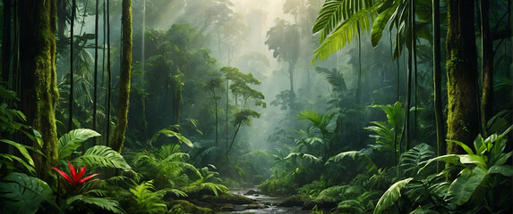 for advertisement and banner as Lush Rainforests Bring to life the dense and vibrant ecosystems of rainforests. in Global Business  theme ,Full depth of field, high quality ,include copy space on left