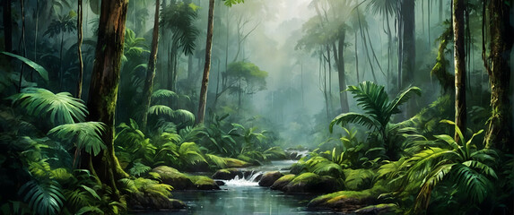 for advertisement and banner as Lush Rainforests Bring to life the dense and vibrant ecosystems of rainforests. in Global Business  theme ,Full depth of field, high quality ,include copy space on left